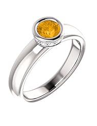 14K White Gold 5.00mm Round Cut Citrine and Diamond Ring -- LIFETIME WARRANTY