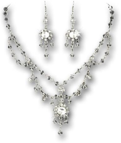 Antique Silver-Tone Clear Chandelier Necklace & Earrings Bridal Jewelry Set