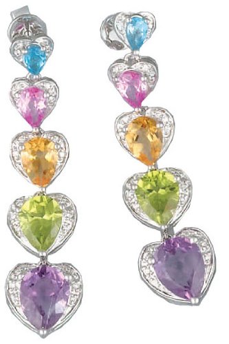14K White Gold Hand-Crafted Designer Heart-Shaped Earrings, Set with Pave Diamond Stations and Semi Precious Stones.( GH-Color, SI-Clarity, c.t.t.w.0.08CT, Semi Precious Stones 8.14 CT).