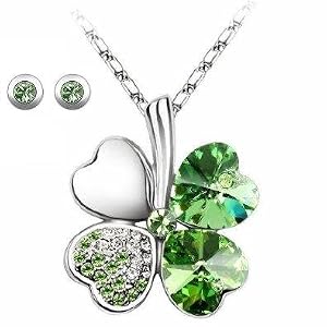 Parure Collier et Clous d'Oreille Trèfle 4 feuilles Coeur Porte-Bonheur en Cristal de Swarovski et chaîne en plaqué Or blanc 18 carats - Vert