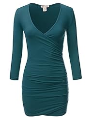 Apparel: DRESSIS Womens V-Neck Surplice Wrapped 3/4 Sleeve Ruched Side Tulip Hem Mini Dress TEAL L