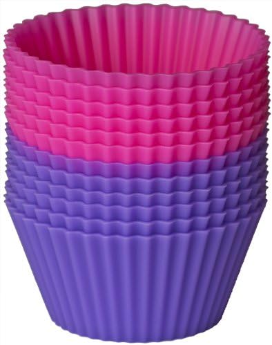 Pantry Elements Silicone Baking Cups / Cupcake Liners - 12 Brilliant Pink and Purple Muffin Molds in Storage Container