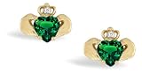 14K Yellow Gold Heart Created Emerald and Diamond Celtic Claddagh Earrings