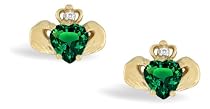 14K Yellow Gold Heart Created Emerald and Diamond Celtic Claddagh Earrings