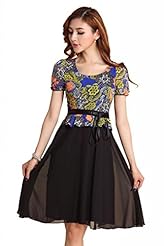 Cocktail Knee Length Short Elasticized   Waistline Chiffon/Crepe/Silk Puff Sleeves Embroidered Sheer Vintage Evening Dress/Party Dress 