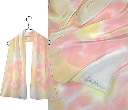 ULRIKE Oblong Flat Crepe Silk Scarf - Oversized blooms of pink with lemon centers on an ombre of warm yellow and pearly whites and grays.