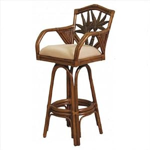 Cancun Palm Indoor Swivel Rattan 30 Bar Stool in Natural Finish Fabric: North Beach Jewel