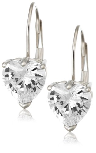 Platinum Overlay Sterling Silver 7x7mm Heart-Shaped Cubic Zirconia Leverback Earrings