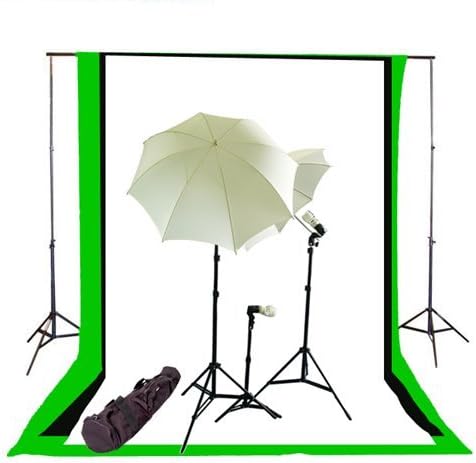 CowboyStudio Complete Photography / Video Studio Triple Lighting Light Kit, 10' x 12' Background Support System and Black, White and Green Muslin Backdrops