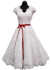 Cap Sleeves Tea Length Lace Wedding Dress  With a Sash 