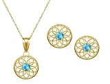 10k Yellow Gold, December Birthstone, Blue Topaz Floral Disc Earring and Pendant Set