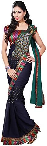 Fab Ikshvaku Women's Mayuri Peacock Goergette Saree 5.5 Meters Green, Blue,Red