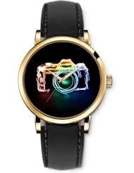 SPRAWL Aanalog Fashion Series Gold Ladies Watches of Genuine Black Leather Strap,Unique Wrist Watch for Women Girls Designed with Camara with neon lights