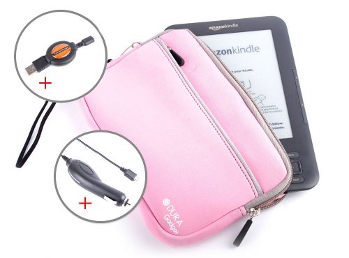 DURAGADGET Housse en néoprène rose résistant à l'eau + Câble de synchronisation rétractable + Chargeur voiture pour les nouveaux lecteurs de livre électronique Kindle 4, Kindle Touch / Touch 3G, Amazon Kindle 3 WIFI / 3G+WIFI / Kindle Keyboard / Keyboard 3G, Kindle Paperwhite et tablettes Kindle Fire et Kindle Fire HD (sortie 2012)