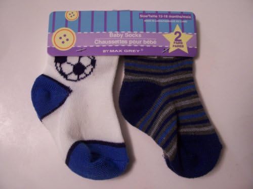 Max Grey Baby Socks ~ Set of 2, 12-18 Months (Soccer Ball on Blue; #18 on Blue and Gray Stripes)