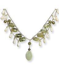 Sterling Silver Prehnite/Green Jade & Cultured Mother Of Pearl Necklace