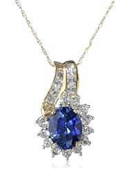 10k Yellow Gold Created Ceylon Sapphire and Created White Sapphire Pendant Necklace,18