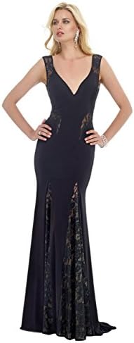 Newpeach Women's V Neck Lace Open back and train Long Prom Gown 30 Black