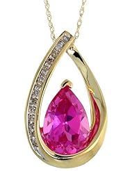 10k Yellow Gold 16" Chain & 15/16" (24mm) tall Pendant, w/ 0.10 Carat Round Brilliant Diamonds & 3.0 Carats Pear Cut (12x8mm) Lab Created Pink Topaz Stone