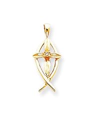 14K Yellow Gold Diamond Ichthus Fish Cross Pendant