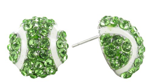 Mini Dome Tennis Ball Rhinestone Stud Earrings - Green Crystals with White Enamel