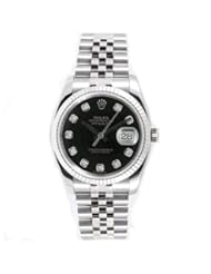 Rolex Mens New Style Heavy Band Stainless Steel Datejust Model 116234 Jubilee Band 18K White Gold Fluted Bezel Black Diamond Dial