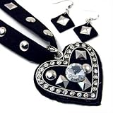 Black Felt Silver and Crystal Heart Pendant Necklace and Earring Set Fashion Jewelry