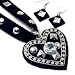 Black Felt Silver and Crystal Heart Pendant Necklace and Earring Set Fashion Jewelry