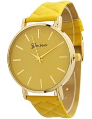 Womens Large Gold Trim Geneva Quilted Leather Watch - Mustard
