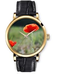 SPRAWL Aanalog Fashion Series Gold Ladies Watches of Genuine Black Leather Strap,Unique Wrist Watch for Women Girls Designed with orange Flowers