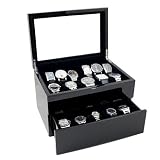 Piano Glossy Black Wood Watch Case Display Storage Box with Glass Top Holds 20+ Watches, Adjustable Soft Pillows and High Clearance for Large Watches