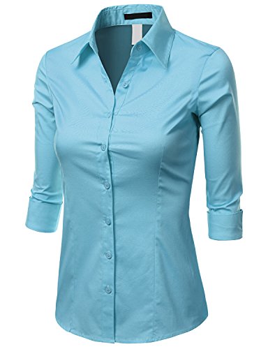 Doublju Women 3/4 Sleeve Basic Simple Button-down Shirt