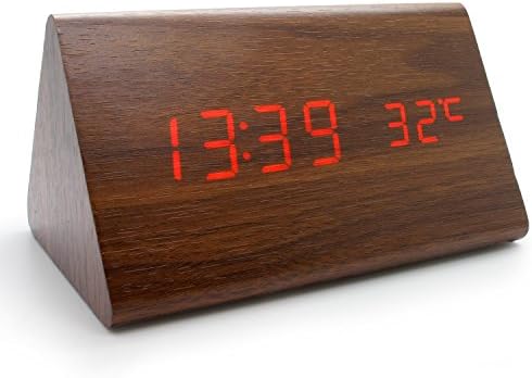 Elecsmart Wood Grain LED Alarm Clock - Time Temperature Date - Display Sound Activated - Brightness Adjustable (Brown coating.Red)