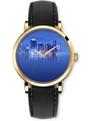 SPRAWL Aanalog Fashion Series Gold Ladies Watches of Genuine Black Leather Strap,Unique Wrist Watch for Women Girls Designed with light city
