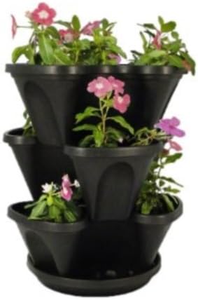 Nancy Jane Self Watering 3 Tier Stacking Planter -Black- Vertical Gardening Planting Pots Learn to Grow Flowers, Herbs, Organic Strawberries, Vegetables, Great Mother's Day - Spring Gift Indoor/Outdoor