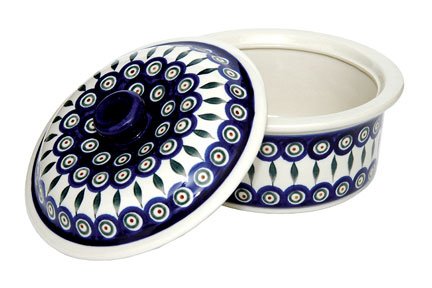 Polish Pottery Peacock Round Baker with Lid