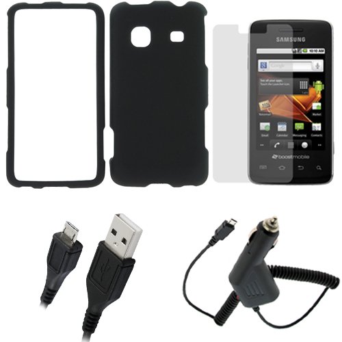 GTMax Black Rubberized Case + Car Charger + USB Data Cable + Black Unversal Horizontal Pouch Case for Boost Mobile Samsung Galaxy Prevail M820 / Samsung Galaxy Prevail / Galaxy Precedent M828C