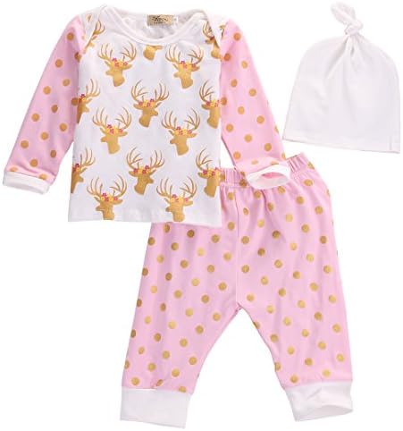 Christmas Baby Girls Deer Head Clothes 3 Piece Set - Top, Pants &amp; Hat (12-18 Month)
