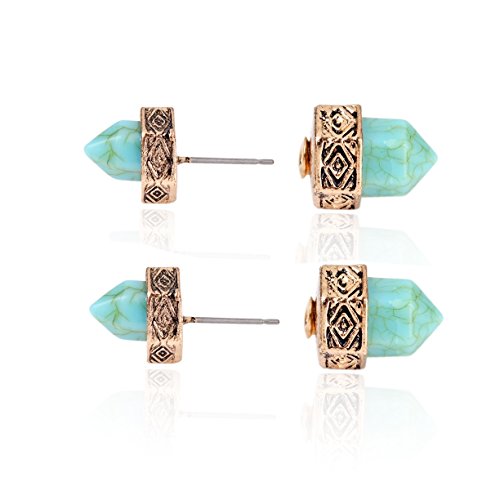 Ginasy Women's Ear Accessory Turquoise Bullet Carve Alloy Stud Earrings (Gold)