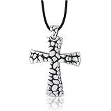 Mosaic of Faith: Stainless Steel Cobblestone Style Cross with Black Enamel Pendant on a Rubber Cord for Men