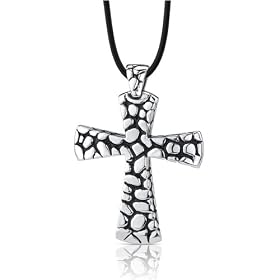 Mosaic of Faith: Stainless Steel Cobblestone Style Cross with Black Enamel Pendant on a Rubber Cord for Men