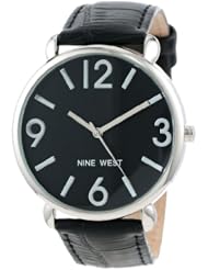 Nine West Womens NW/1559BKBK Silver-Tone Black Croco-Grain Pattern Strap Watch