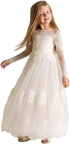 LuckyHouses Girls Vintage Lace Communion Party Tulle Flower Girl Dress (5, White)