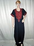 Anniversary Gift- Red Navy Blue Embroidered Evening Dress Womens Cotton Kaftan Long Sleeve Lounge Wear Size L Free Shipping