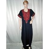 Anniversary Gift- Red Navy Blue Embroidered Evening Dress Womens Cotton Kaftan Long Sleeve Lounge Wear Size L Free Shipping