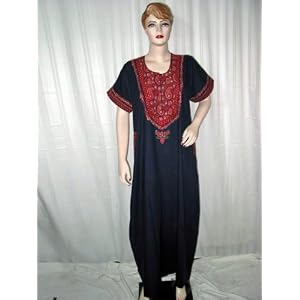 Buy Anniversary Gift- Red Navy Blue Embroidered Evening Dress Ladies Cotton Kaftan Long Sleeve... by Mogul Interior