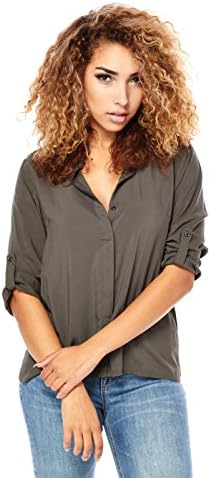 Womens Ladies Button Down Roll Up Sleeves Solid Basic Shirts la-144 (S, olive)