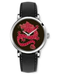 SPRAWL Aanalog Fashion Series Silver Ladies Watches of Genuine Black Leather Strap,Unique Wrist Watch for Women Girls Designed with Red Chinese Dragon