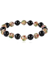 Sterling Silver Black Onyx with Pink Cloisonne Elastic Bracelet