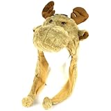 Faux Fake Fur Animal Plush Moose Trooper Trapper Slip Tie Ski Snow Pom Pom Hat